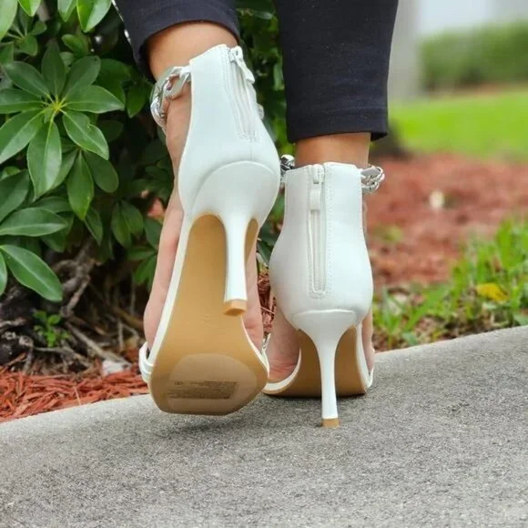 Womens White Ankle Strap Heels Chains Stiletto‎ Sandals - Picture 5 of 5